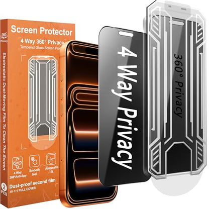2-Pack 360° 4-Way Anti-Spy Privacy Screen Protector Tempered Glass, Shatterproof, Scratch-Resistant, with Easy Mounting Frame (for iPhone 17 Pro Max) - size: for iPhone 17 Pro Max