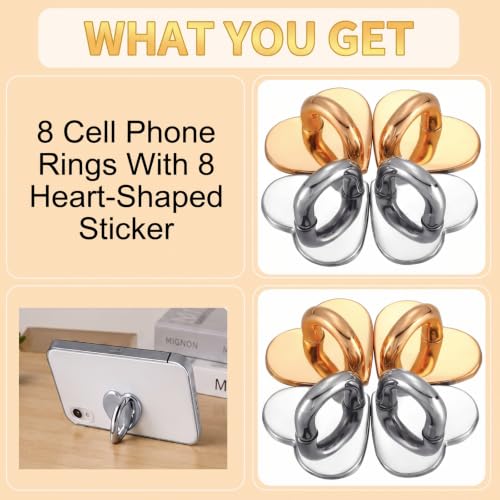 Moxweyeni 8 Pcs Cell Phone Finger Ring Adhesive Metal Phone Finger Grip Loop Stand Heart Grip Holder Charm Hook for DIY Hanging Supplies - color: Gold, Silver
