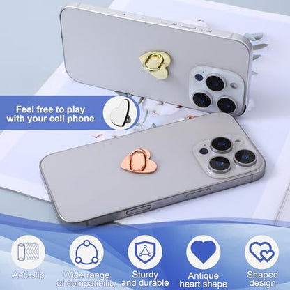 8 PCS Heart Charm Hook 4 Color Metal Phone Finger Hook Adhesive Cell Phones Ring Holder Heart-Shaped Sticky Grip Loop Smartphones Accessories Charm Loop Stand Keychain Ring for DIY Hanging