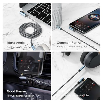 3.5mm Headphone Extension Cord 1ft,3.5mm Male to Female Stereo Audio Extension Cable/90 Degree Right Angle Aux Cable for Smartphones, Tablets, Media Players - size: 1 ft