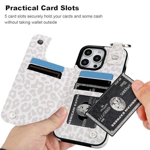 HAOPINSH for iPhone 16 Pro Max Wallet Case with Card Holder, White Leopard Cheetah Print Back Flip Folio PU Leather Kickstand Card Slots Case, Finger Grip Ring Double Magnetic Clasp Shockproof 6.9" - color: White Leopard Grip Ring
