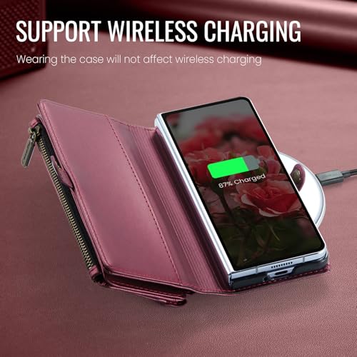 Defencase for Samsung Galaxy Z Fold 6 Wallet Case with Card Holder, WineRed | Durable Soft PU Leather, RFID Blcking Zipper Pocket, with S-Pen Holder & Strap, Flip Phone Cases with Stand for Women Men - color: Wine Red