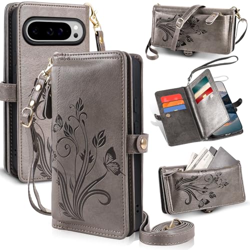 for Google Pixel 9 Pro XL/10 Pro XL Case Wallet,RFID Blocking Card Holder Zipper Leather Flip Cover Crossbody Wrist Strap with Stand (Floral Gray) - color: Floral Gray