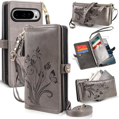 for Google Pixel 9 Pro XL/10 Pro XL Case Wallet,RFID Blocking Card Holder Zipper Leather Flip Cover Crossbody Wrist Strap with Stand (Floral Gray) - color: Floral Gray
