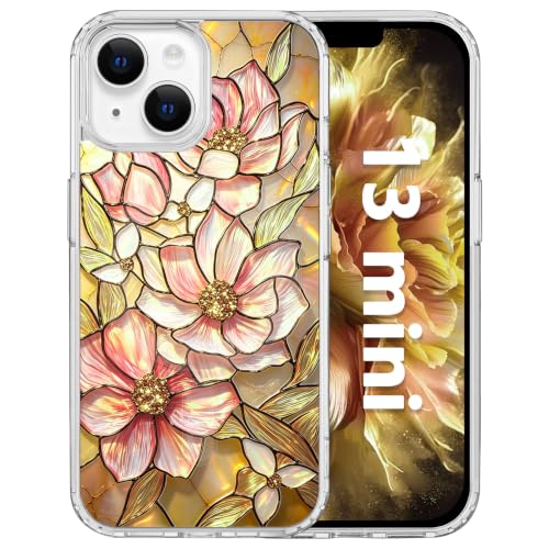 for iPhone 13 Mini Magnetic Case【Compatible with MagSafe】 Aesthetic Vintage Stained Glass Bloom Flower Design, Slim Fit Hard PC Back Shockproof Cute Clear Phone Cover, Amber Peony - color: Amber Peony, size: iPhone 13 Mini