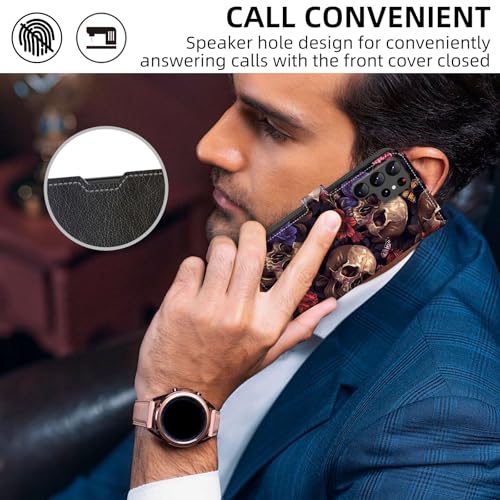 Wallet Case for Samsung Galaxy S25 Ultra with RFID Blocking Credit Card Holder, Flip PU Leather Magnetic Closure Wrist Strap Phone Cover for Samsung Galaxy S25 Ultra, Gothic Skulls Floral