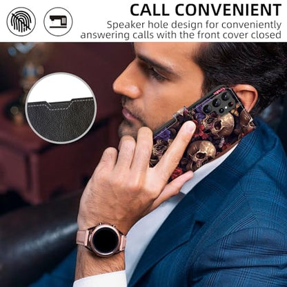 Wallet Case for Samsung Galaxy S25 Ultra with RFID Blocking Credit Card Holder, Flip PU Leather Magnetic Closure Wrist Strap Phone Cover for Samsung Galaxy S25 Ultra, Gothic Skulls Floral