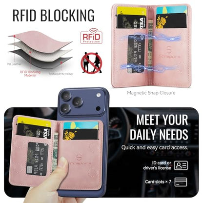Strapurs Strong Magnetic Wallet Card Holder for MagSafe Phones and Cases, Slim PU Leather Detachable Phone Wallet with 6 Card Slots RFID Blocking for iPhone 17/16/15/14/13/12/Pro/Max/Plus – Pink - color: Pink