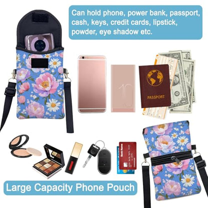 Neoprene Cell Phone Sleeve Pouch Case Bag with Crossbody Strap Neck Lanyard for Women 7.5 X 4.3 in Sky Blue Flower - color: Sky Blue Flower 1
