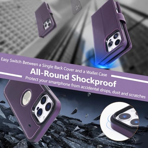 2 in 1 PU for iPhone 16 Pro Leather Case, Detachable Wallet Case with Card Holder, Removable Flip Folio Cover with RFID Blocking, Stand Shockproof Phone Cover (Compatible with MagSafe) Purple - color: Purple, size: Iphone 16 pro