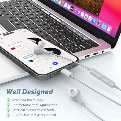 USB C Headphones for iPhone 18 Pro Max 17 16 15/Galaxy S26 FE Wired Earbuds - color: Sky-Grey