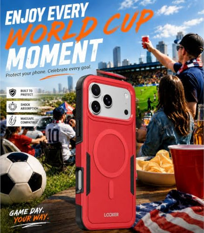 LOOXER® Heavy Duty Rugged Magnetic Case for iPhone 17 Pro (6.3”) | Military Grade Shockproof Protection,MagSafe Compatible+ Tempered Glass Included (Red, 17 Pro) - color: Red, size: 17 Pro