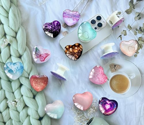 Expandiing Moblile Phone Grip Heart Glass Holder for Smartphones, Cell Phone Collapsible Stand（ Blue Rose Gold Glitter