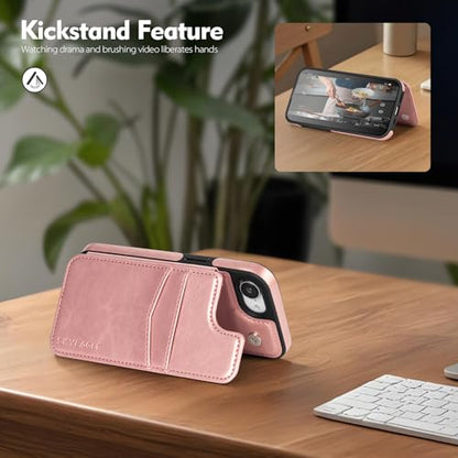 SkyEagle Compatible with MagSafe iPhone 17e / 16e Case Wallet,Rose Gold | Magnetic Clasp,RFID Blocking,PU Leather,Flip Folio Shockproof Phone Cover,with Credit Card Slots & Kickstand for Men & Women - color: Rose Gold