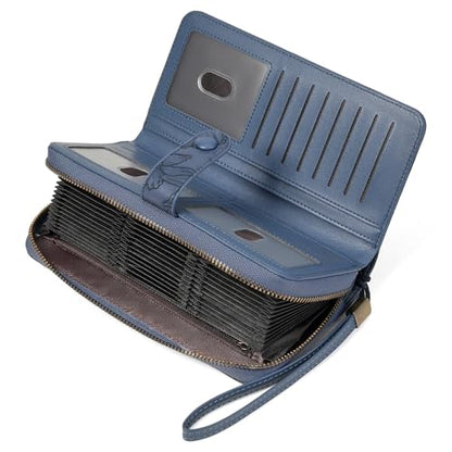SENDEFN Women's Credit Card Holder RFID Blocking Zip Around Leather Wallet Large Capacity Long Purse with Wristlet - color: Deep Blue
