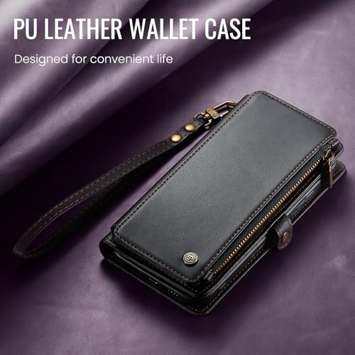 Defencase for Samsung Galaxy S25 Wallet Case with RFID Card Holder, Black | Durable Soft PU Leather, with Zipper Pocket, Wrist Strap, Fashion Snap Flip S25 Phone Cases Cover with Stand for Women Men - color: Black