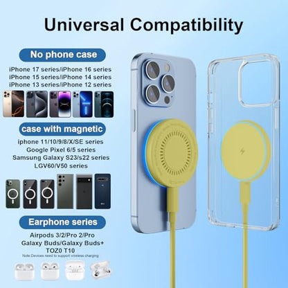 MagSafe Charger 2 Pack 15W Magnetic Wireless Charger Fast Charging Pad Compatible with iPhone 17/16/15/14/13/12 Series & AirPods 3/2/Pro Magnetic MagSafe Charging Pad with Dual Ports-Yellow - color: Yellow, size: 2Pack