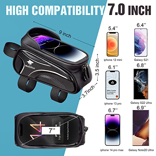 WOLFILIST Bike Frame Bag - Waterproof Bicycle Phone Holder Bike Accessories | 3D EVA Hard Shell with TPU Touchscreen & Rain Cover, Fits 7" Phones 1.5/2L Large Capacity Straps for Bike/E-Bike Adult Gifts