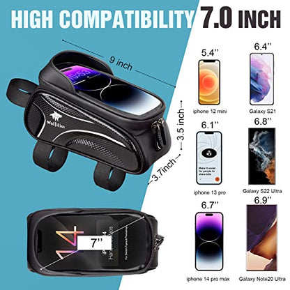 WOLFILIST Bike Frame Bag - Waterproof Bicycle Phone Holder Bike Accessories | 3D EVA Hard Shell with TPU Touchscreen & Rain Cover, Fits 7" Phones 1.5/2L Large Capacity Straps for Bike/E-Bike Adult Gifts