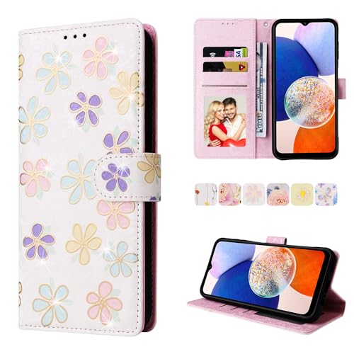 UEEBAI Wallet Case for Samsung Galaxy A35 5G, PU Leather Phone Case Kickstand RFID Blocking Flip Case Card Slots Wrist Strap Relief Engraved Pattern Magnetic Closure Folio Case - White Daisy - color: White Daisy