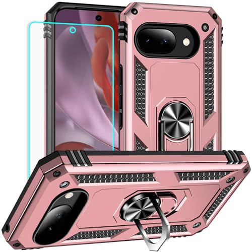 Yiakeng for Google Pixel 9A Case: with Screen Protector - Military Grade Protective Cases with Finger Ring Holder Kickstand for Pixel 9A(Rose Gold) - color: Rose gold, size: Google Pixel 9A Case