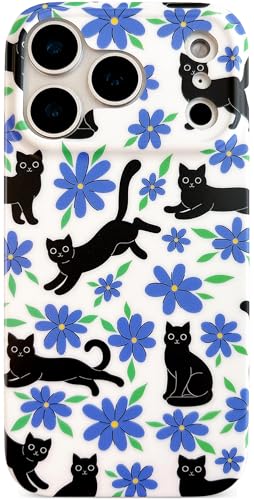 Qokey Compatible for iPhone 17 Pro Max Case 6.9", Black Cats on Garden, Frosted Texture Fingerprint-Resistant Floral Shockproof Phone Cover for Women Girls, Purple Blue Flower - color: Black Cats Purple Blue Flower
