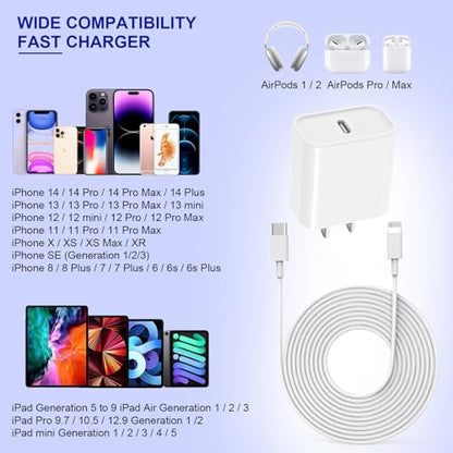 Apple Fast Charger, 10FT Extra Long Fast iPhone Charger Travel Plug Adapter Super Quick Apple Charging USB C Wall Charge Block with 10Foot Lightning Cable Cord for iPhone 14/13/12/11/X/XR/SE2022/iPad - size: 10FT