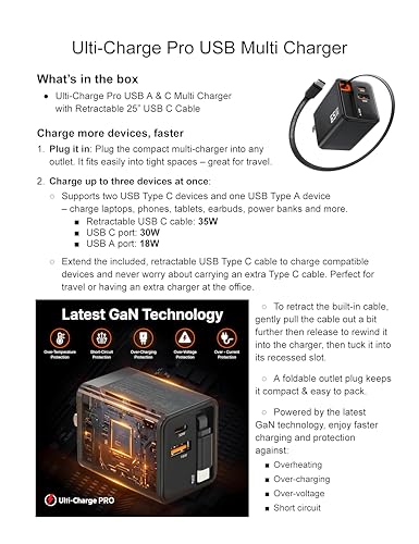 Ulti Charge Pro 65W USB C Charger with 25 Inch Retractable USB C Cable