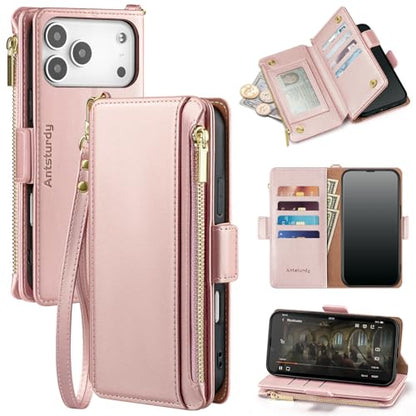 Antsturdy for iPhone 17 Pro Max Phone Wallet Case Women,Rose Gold | RFID Blocking,with Credit Card Holder Slots,PU Leather Purse,Zipper Pocket,Wrist Strap Kickstand,Flip Folio Cover for Men - color: Rose Gold