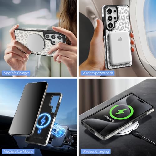 SkyEagle Compatible Magsafe 2 in 1 Detachable Samsung Galaxy S26 Ultra Wallet Case Card Holder Women Men,Magnetic PU Leather Phone Case RFID Blocking Flip Kickstand Credit Slots,Leopard-White