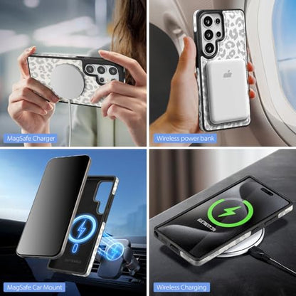 SkyEagle Compatible Magsafe 2 in 1 Detachable Samsung Galaxy S26 Ultra Wallet Case Card Holder Women Men,Magnetic PU Leather Phone Case RFID Blocking Flip Kickstand Credit Slots,Leopard-White