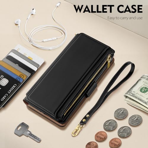 Antsturdy for iPhone 14 Plus Phone Wallet Case Women,Black | RFID Blocking,with Credit Card Holder Slots,PU Leather Purse,Zipper Pocket,Wrist Strap Kickstand,Flip Folio Cover for Men - color: Black-JS