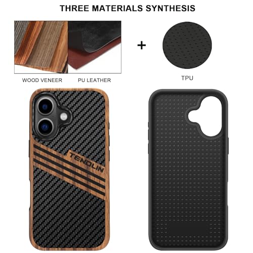 TENDLIN Compatible with iPhone 16 Phone Case Wood Grain with Carbon Fiber Texture Design Leather Hybrid Slim Case (Three Stripe) - color: Three Stripe, size: iPhone 16