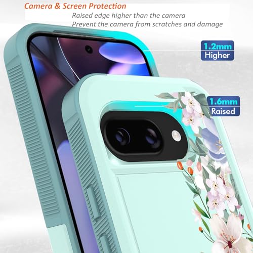 for Google Pixel 9a Case 2025: (Mint Green/Magnolia) | Cute Flowers Floral Design, for Girls Women, Slim Soft TPU Bumper, Shockproof Silicone Cell Phone Cover - color: Mint Green/Magnolia