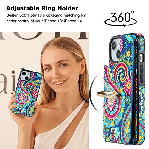 HAOPINSH for iPhone 13/ iPhone 14 Wallet Case with Card Holder, 360°Rotation Ring Kickstand, Paisley Pattern, RFID Blocking Leather for Girls Women, Double Buttons Flip Protective Cover 6.1" - color: Paisley