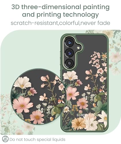 Crystal Clear Flower Pattern Case for Samsung Galaxy S26 FE-Green | Girl Women Slim Soft TPU + Hard PC Military Grade Protective Phone Cover WithTempered Glass Screen Protector for S26 FE - color: S26 FE-Dark Green