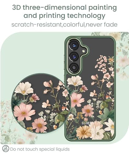 Crystal Clear Flower Pattern Case for Samsung Galaxy S26 FE-Green | Girl Women Slim Soft TPU + Hard PC Military Grade Protective Phone Cover WithTempered Glass Screen Protector for S26 FE - color: S26 FE-Dark Green
