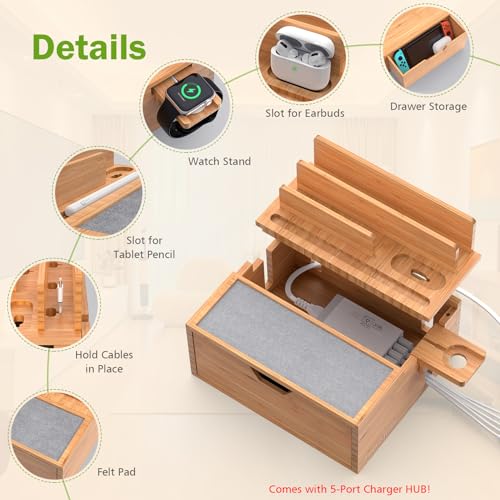 Pezin & Hulin Bamboo Charging Station with Power Charger & Cables-Black - color: #1 Bamboo (With Charger)