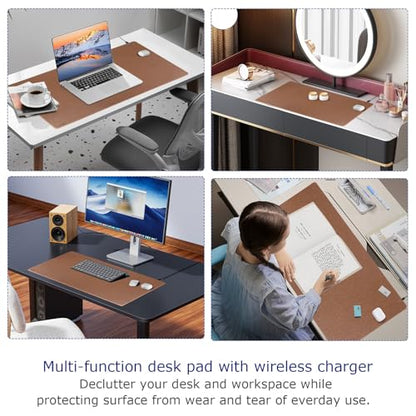 EYStech™ Desk Pad with Wireless Charger, Leather, Waterproof, Anti-Slip Wool Felt Base Material, Office Table Mat, Fast Charging Gaming Mouse Pad, 32”(L) x 16”(W), Brown (Right Side Charging Port)
