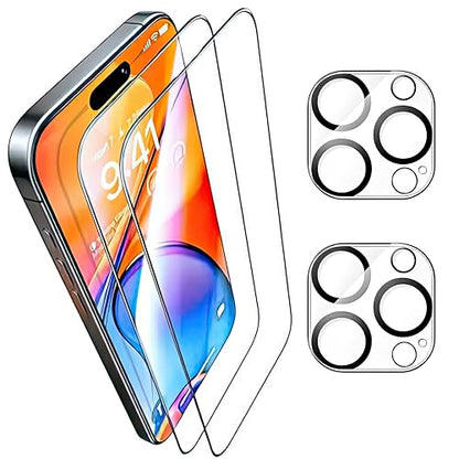 2 Pack Screen Protector for iPhone 15 Pro Max +2 Camera Lens Cover | 9H Military Grade Tempered Glass, HD Clarity, Shatterproof, Anti-Scratch, Anti-Fingerprint, Full Coverage, Auto-Align Tray - size: iPhone 15 Pro Max (6.7 inch)