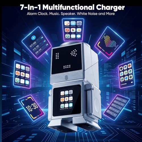 7-in-1 Robot Wireless Charging Station, Qi2.2 25W Magnetic Wireless Charger for iPhone 18-12 Series, AirPods & iWatch, Auto-Rotating Stand, Bluetooth Speaker & 2" Smart Display, 45W Adapter Included - color: Silver-T6D