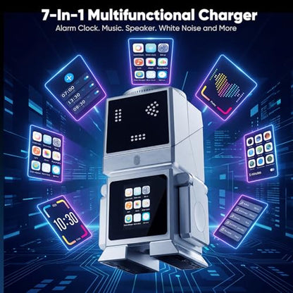 7-in-1 Robot Wireless Charging Station, Qi2.2 25W Magnetic Wireless Charger for iPhone 18-12 Series, AirPods & iWatch, Auto-Rotating Stand, Bluetooth Speaker & 2" Smart Display, 45W Adapter Included - color: Silver-T6D