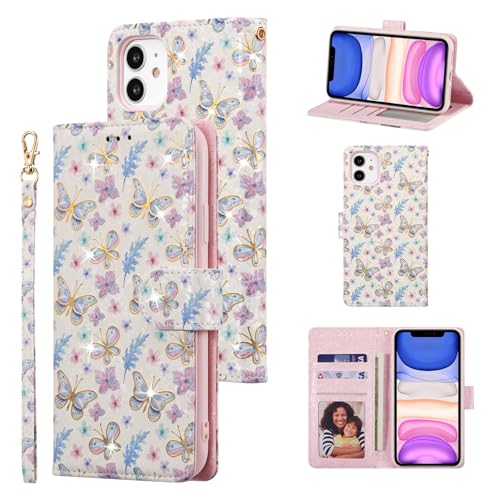 UEEBAI Wallet Case for iPhone 12/iPhone 12 Pro 6.1 inch, PU Leather Case Kickstand RFID Blocking Flip Case Card Slot Wrist Strap Relief Engraved Pattern Magnetic Closure Flower Folio Case, Butterfly - color: Butterfly, size: iPhone 12/iPhone 12 Pro 6.1 in