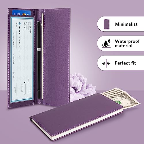 CoBak Checkbook Cover for Women & Men - PU Leather Case with RFID Blocking | Classic Design Check Book Holder for Personal and Business - color: Purple