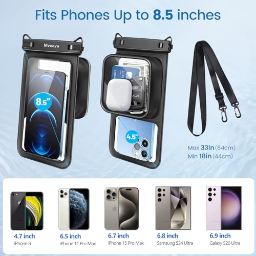 Niveaya [Floatable Floating Waterproof Phone Pouch 2 Pack-Up to 8.5", Large Space Adjustable Neck Lanyard Waterproof Phone Case, Phone Dry Bags for Vacation Beach Pool Kayak Cruise Travel Essentials - color: Transparent Black + Transparent Black