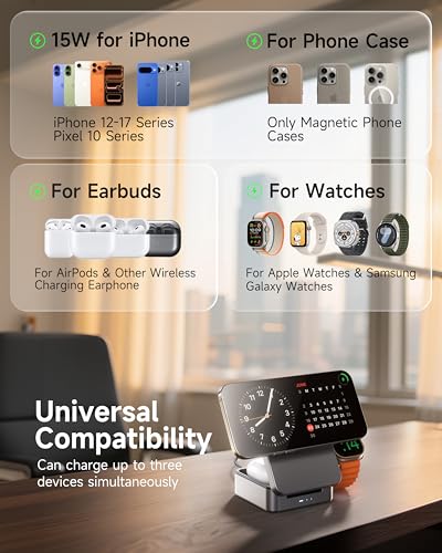 ZEEHOO 3-in-1 Foldable Magnetic Wireless Charging Station, 15W Travel Charger Stand Dock for iPhone 17/16/15/14/13/12 Series, Apple Watch, AirPods (30W Adapter Included) - color: Gray
