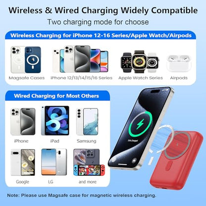 Magnetic Portable Charger for iPhone,10800mAh 4-in-1 Power Bank with iWatch Charger,25W PD Fast Charging Battery Pack for Magsafe,iPhone 17/16/15/14/13/12 Series,Apple Watch,Travel Essential,Red - color: Red