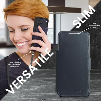 Dreem Real Leather Magnetic Detachable Wallet Case for iPhone 17 Pro | Revolutionary Vert/Hor Phone Stand, RFID Blocking Card Holder Flip Cover, MagSafe-Fit, Gift Box [Fibonacci: Graphite Blue]
