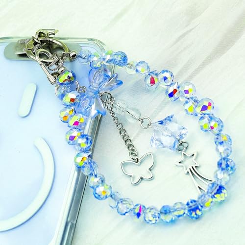 Crystal Beaded Phone Wrist Strap, Cute Cellphone Lanyard Chain, Bow Keychain Wristlet Bag Charms for Women - color: Bow/Blue