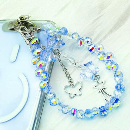 Crystal Beaded Phone Wrist Strap, Cute Cellphone Lanyard Chain, Bow Keychain Wristlet Bag Charms for Women - color: Bow/Blue